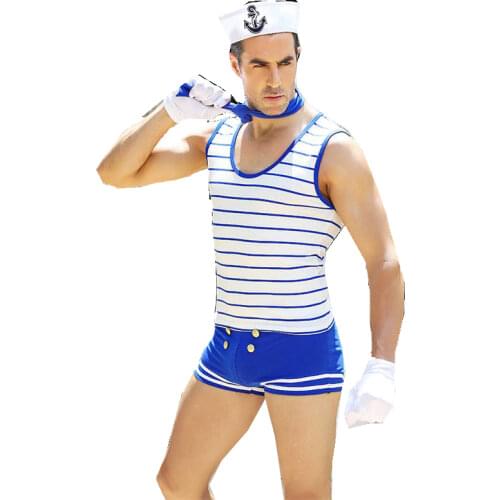 Adult Men Sexy Sailor Cosplay Costume White Blue Funny Plus Size Seaman Uniform Supper Attractive Halloween Men Party Dress