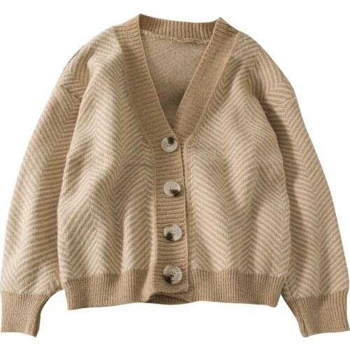 Autumn long-sleeved retro hit color stitching striped loose wild knitted cardigan sweater women