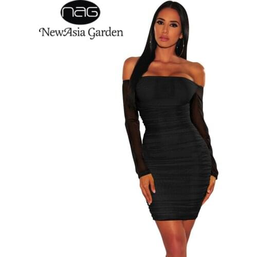 NewAsia Garden Sexy Bodycon Dress Women Off Shoulder Mesh Dress Black Solid Color Ruched Slash Neck Mini Dresses Wear Both Sides