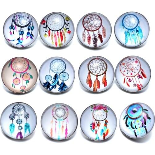 12pcs/lot Beautiful Dreamcatcher Theme Glass Button 18mm Snap Button Charms For 18mm Snaps Bracelet Snap Jewelry KZ0658