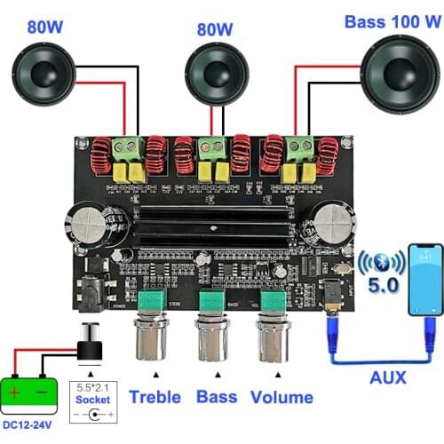 2*80W+100W Bluetooth 5.0 Power Subwoofer Amplifier Board 2.1 Channel TPA3116 Amp TPA3116D2 Audio Stereo Equalizer AUX Class D