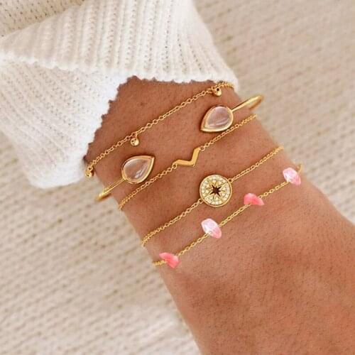 5 Pcs/Set Bohemian Retro Charm Bracelets Set For Women Gold Silver Color Synthetic Opal Water Drop Pendant Bracelet Jewelry Gift