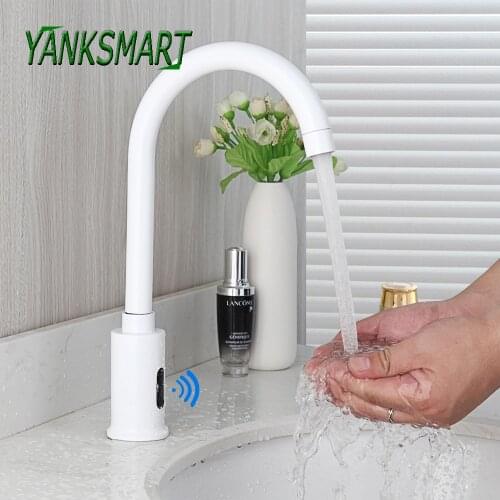YANKSMART White Bathroom Automatic Infrared Sensor Sink Faucet Touchless Basin Mixer Water Tap Washbasin Deck Mounted Faucet