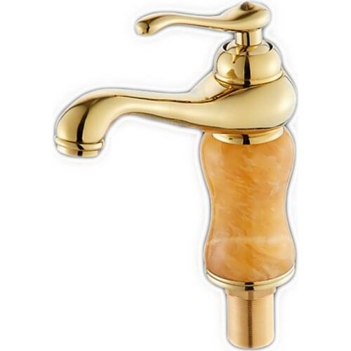 Free Shipping Golden cold jade stone bathroom basin mixer tap with deck mounted gold brass bathroom basin sink water faucet
