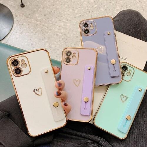 Wrist Strap Plating Love Heart Phone Case For iPhone 12Pro Max 12 11Pro Max XR XS Max X 7 8 Plus 12Mini 12 Shockproof Back Cover