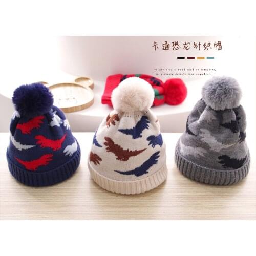 Kids Warm Woolen Hat, Unisex Cartoon Dinosaur Patterns Knitted Hat Beanie for Autumn Winter, Red/Navy Blue/Gray/Beige