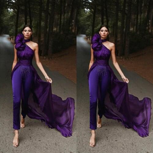2020 Oscar Purple Prom Dresses Halter Neck Ruched Overskirt Jumpsuits Ankle Length Elegant robes de soirée