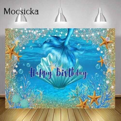 Mermaid Happy Birthday Backdrop Fish Tail Shell Photocall Blue Sea Newborn Mermaid Birthday Portrait Background Gold Glitter