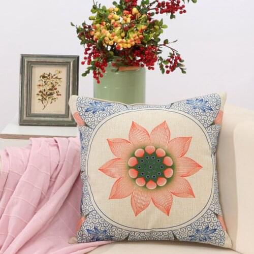 Cotton Linen Chinese Vintage Style Painting Lotus Flower Decorative Throw Pillows Case Cushion Cover Car Sofa Home Decor