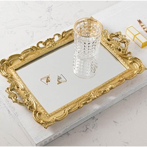 French European Style Antique Gold Mirror Rectangular Printed Tray Cosmetics Jewelry Storage Tray food tray