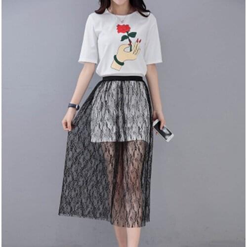 New Summer Plus Size 2 Peice Womens Sets Elegant Black Lace Skirt O-Neck Print Long T-Shirt Short Sleeve Pullover T-Shirts M633