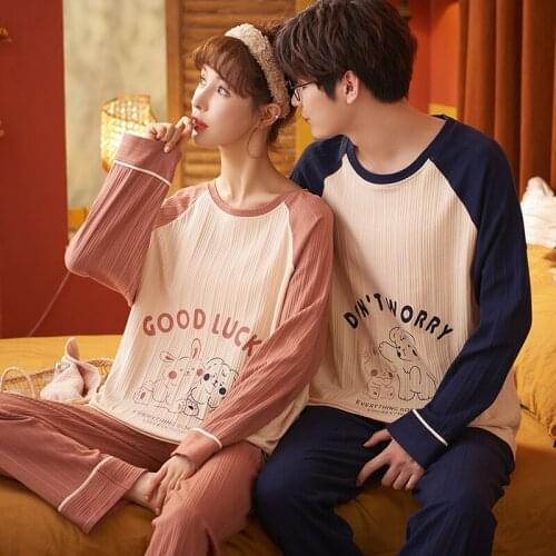 Autumn Winter Cotton Long Sleeve Patchwork Couple Pajamas Set Men Women Cute Cartoon Bear Bunny Sleepwear Loose Lovers Homewear