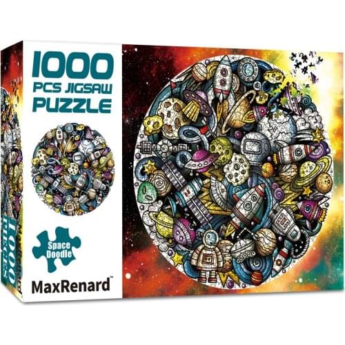 MaxRenard 70*70cm Adults 1000 Pieces Round Shape Jigsaw Puzzles Space Doodle Paper Assembling Painting Art Puzzles for Adults