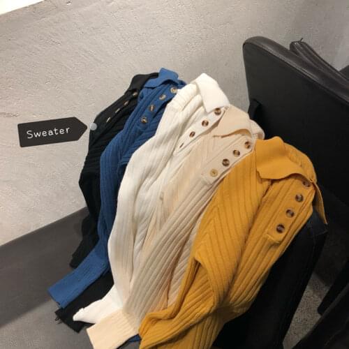 WWENN Buttons Turn-down Pullovers Women Sweater Basic Sweet Knit Jumper Korean Sweater Pull Femme Top Chic Elasticity Winter