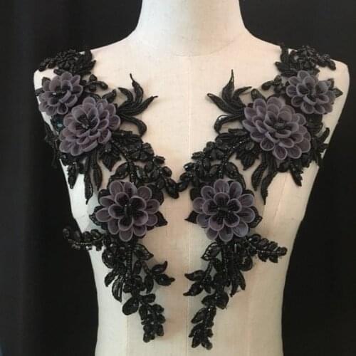 Deluxe Rhinestone Bead With 3D Artificial Flower Handmade Rhinestone Applique Black Bead Applique With Grey Flower
