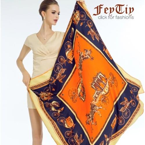 Luxury Twill Silk Scarf For Women Horse Carriage Print Hijab Scarfs Female 130cm*130cm Fashion Square Shawls Scarves For Ladies