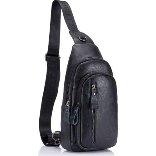 BULL CAPTAIN Genuine Leather Mens Sling Chest Bags Travel Sports Hiking Multi-Functional Male Fanny Pack With Earphone Port