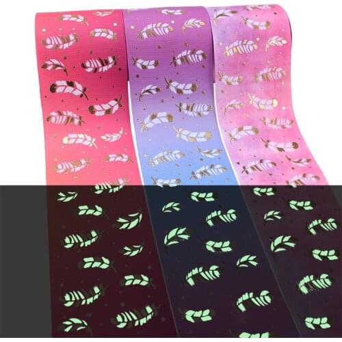 T.R RIBBON 3 inch 75mm gold feather printed grosgrain ribbon glow in the dark ribbon