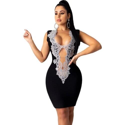 Glitter Embroidery Applique Celebrity Night Club Party Dress 2020 Women Deep V-neck Sleeveless Elegant Black Bodycon Dress Robe