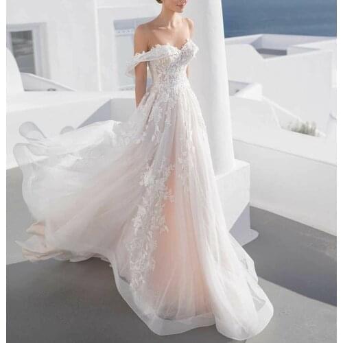 Elegant Long Off Shoulder A-Line Pink Wedding Dresses Illusion Back Tulle Robes De Mariée Bridal Gown For Women