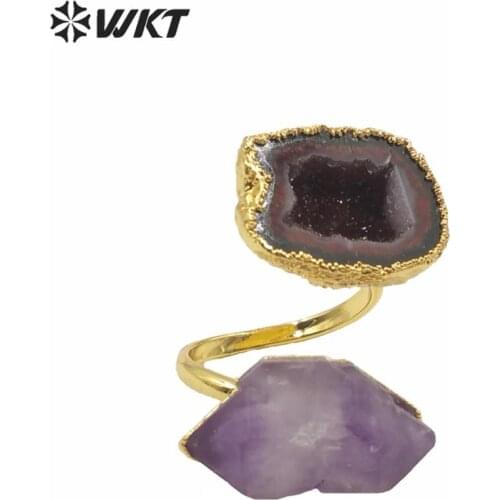 WT-R360 WT-R360 Gorgeous Natural geode druzy rings fashion gold electroplate double stone ring women wedding a methyst ring as g