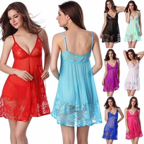 2Pcs/Set Women Sexy Spaghetti Strap V Neck See Through Lace Sexy Set Sleepwear Womens Set Sexy Nightdress with G-String S-2XL