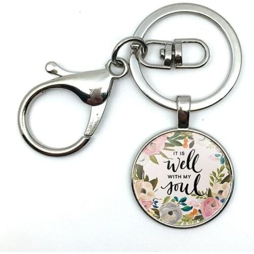 2018/Fashion Hot Style Wisdom Bible Poetry My Soul Lettering Keychain Lace Pattern Glass Pendant Keychain