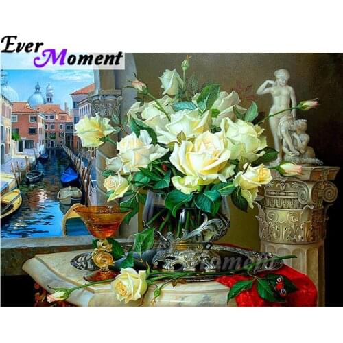 Ever Moment Diamond Painting 5D DIY Mosaic River Outside Window Flower Full Square Drill Diamond Embroidery Decoration ASF1572