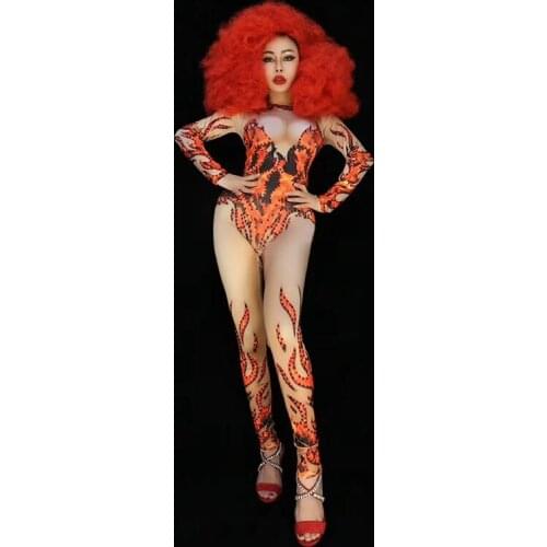 Sparkly Flames Jumpsuits Rhinestones Sexy Bodysuit Stage Performance Female Birthday Celebrate luxurious Singer Costume Wear