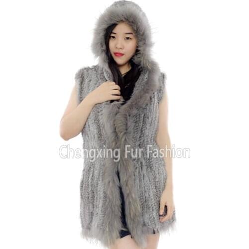 CX-G-B-69A Women Rabbit Fur Vest Fashion Hooded Elegant Thicken Fur Vest