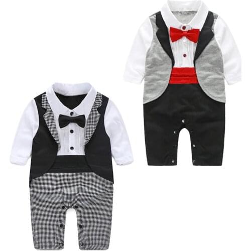 Baby Gentleman Tuxedo Rompers Bebe Menino infant Suit For Wedding Newborn Boys Jumpsuit Neck Tie Baby Wedding Suit Party Clothes