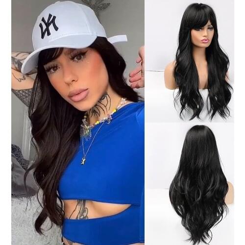 Long Wavy Dark Brown Wigs With Blonde Highlights Heat Resistant Synthetic Wigs For Women With Bangs Cosplay Natural Hair Wigs