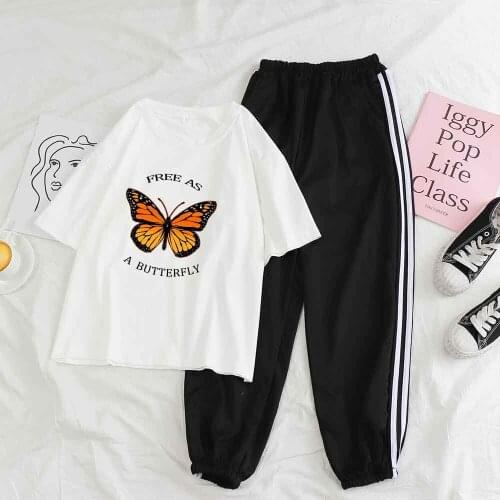 Summer Tracksuits Two Piece Pants Sets Casual Butterfly Print Top Loungewear Women Long Pants Sport Letter Outfit Sets