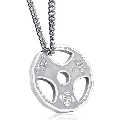 Mens Fitness Gym Necklace Weight Plate Barbell Dumbbell Pendant Weightlifting Bodybuilding Exercise Jewelry Stainless Steel