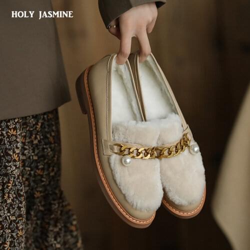 2020 Spring New Keep Shoes Woman Fashion Genuine Leather Wool Thick Heels Pumps Shallow Working Party Basic Flats Women Shoes