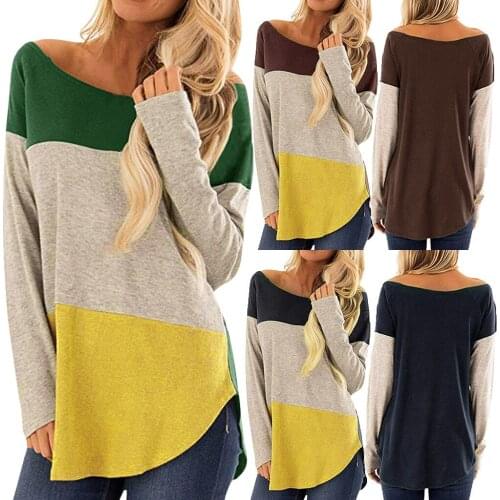 2020 Autumn Europe and The United States New Womens Stitching Contrast Color Slim Simple Sweet Long Sleeve Bottoming T-shirt