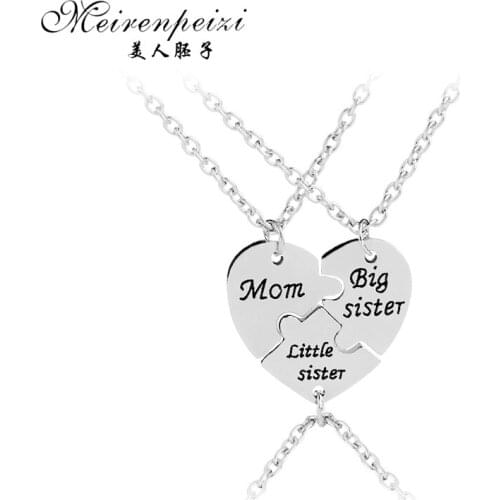 Meirenpeizi mom big sister little sister necklaces for 3 Splicing mother daughter necklace Family jewelry heart necklace
