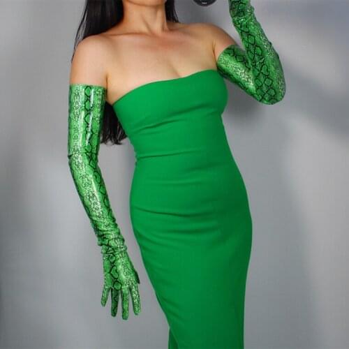 70cm long green Snake skin sexy finer glove PU leather animal pattern Python green Free ship