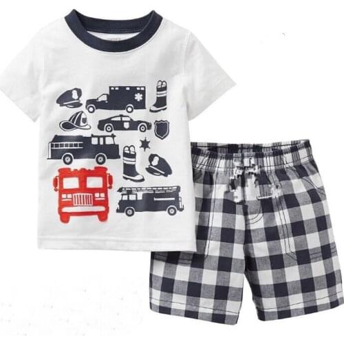 Summer New Kids Pajamas Set Baby Girls Boys printing Fire truck Short Sleeve T-Shirt Tops and Pants Baby Sleepwear for 2-7 Years