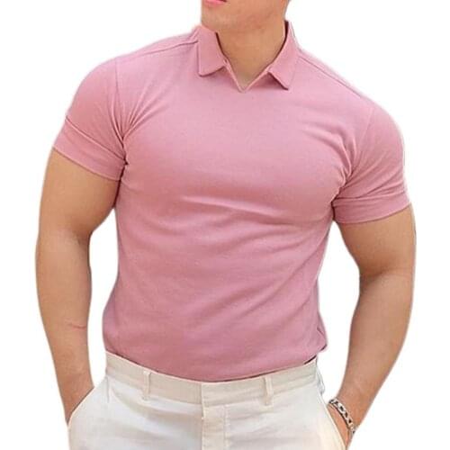 Plus Size Summer Polos Shirts Casual Stylish V-neck Skin-friendly Cotton Blend Slims Fit Solid Color Men Shirts for Sport