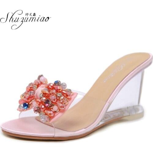 SHUZUMIAO Luxury jewelry Designer 8.5cm Wedge Slippers Women Crystal Heels Slides Bowknot High Ladies Shoes Summer Shoes Woman