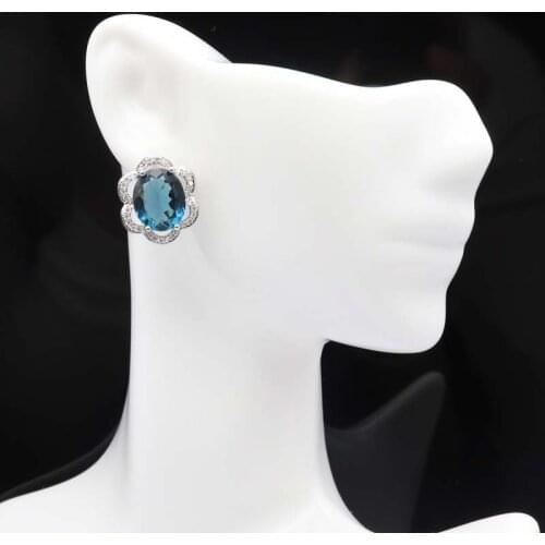 17x15mm Luxury Created Dark London Blue Topaz White CZ For Sister Present Silver Earrings