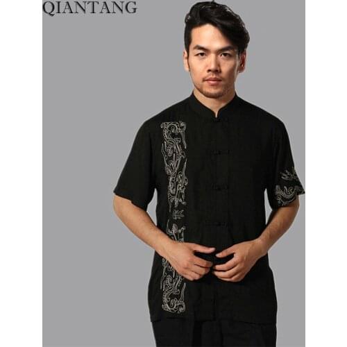 Black Traditional Chinese style Mens Kung Fu Shirt Top Short Sleeves Clothing Size S M L XL XXL XXXL Free Shipping Mny-03C