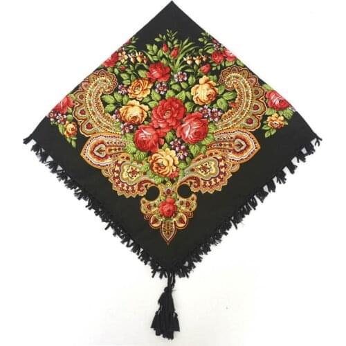 90*90cm Russian Shawl Women Cotton Print National Scarf Retro Fringed Russian Scarves Bandana Wraps Ladies Winter Pashmina