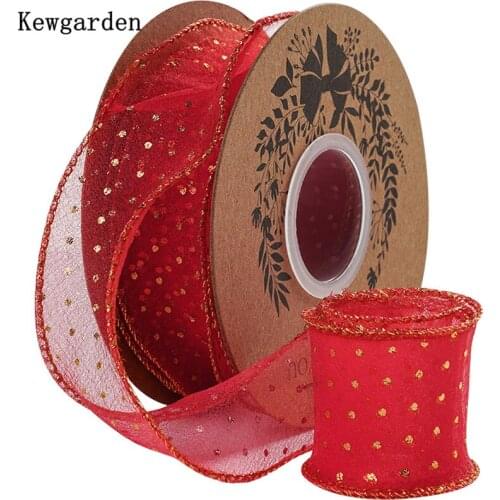 Kewgarden DIY Hair Bowknot Accessories Gift Packing Riband Gold Dot Wave Hemming Voile Ribbon 1.5" 4cm Handmade Tape 10 Yards