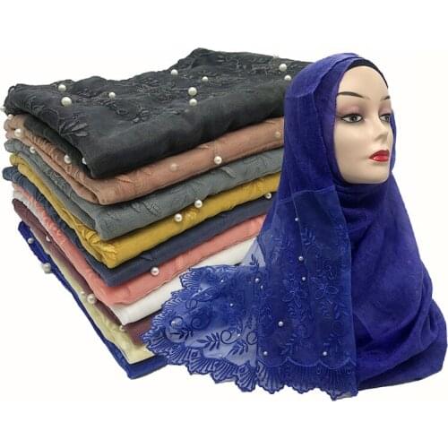 Malaysia Floral Lace Embroidery Women Hijabs Scarf Plain Cotton Viscose Headscarf Wrap Beads Islamic Modest Headband Long Shawl