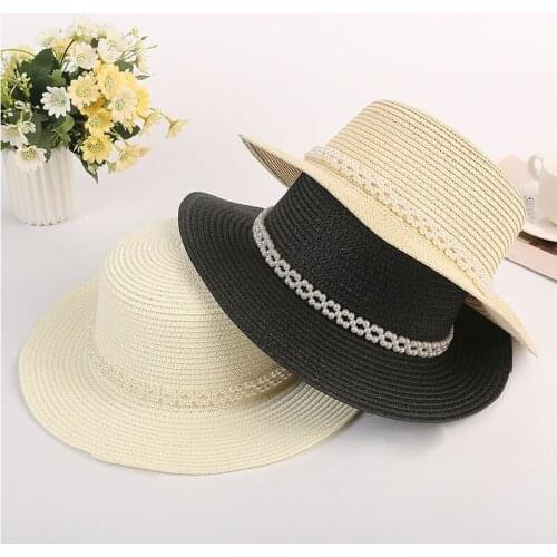Elegant Womens Summer Hat Pearl Decoration Sun Protection Cap Female Flat Top Wide Brim Foldable Straw Hat Beach Hat Sun Hats