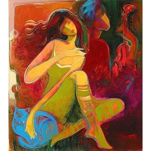 Modern handmade painting sitting girl playing with cat on oil canvas for living room decor and wallpaper