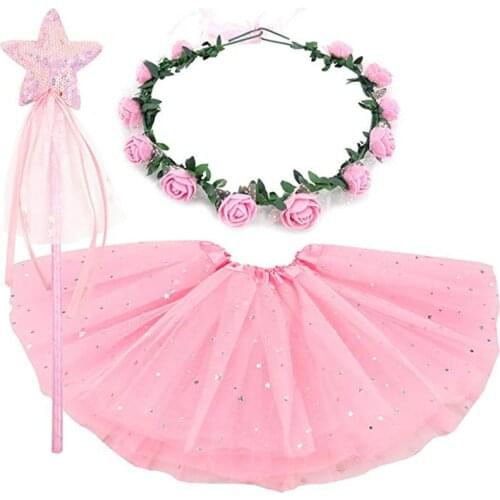Princess Costume Layered Tulle Ballet Tutu Skirt with Flower Crown Wreath Headband Magic Wands Christmas Halloween 2-8 Year Girl