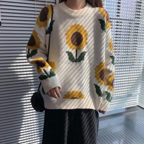 Korean Chic Fashion Autumn Pullovers Sunflower Knitted Sweater Women Retro O Neck Long Sleeve Floral Tops Pull Femme Jumpers
